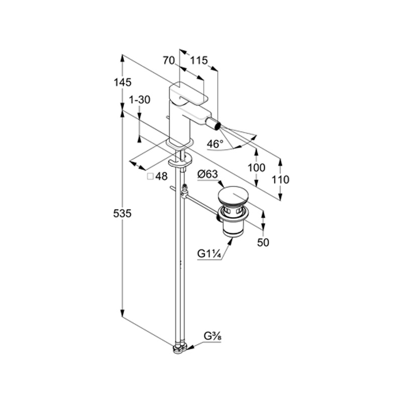 Baterie bideu Kludi, Renon, cu ventil cu tijă, brushed gunmetal